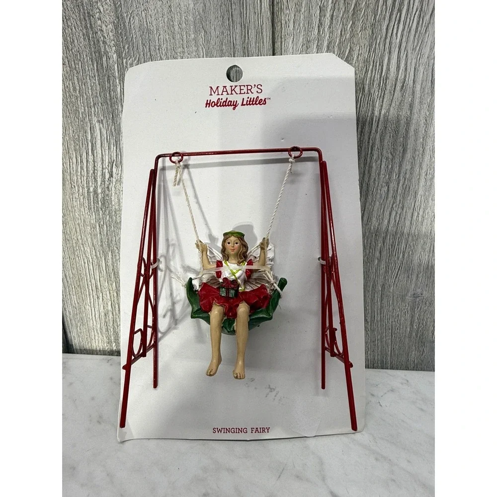 Makers Holiday Littles Swinging Fairy Miniature Figurine Red White Green 1550